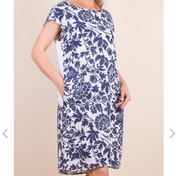 Gigi Moda Italy Sardinia Linen Cap Sleeve Floral Lagenlook Midi Shift Dress O/S - Picture 2 of 13